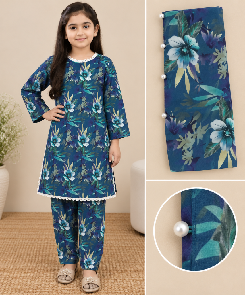 Blue Floral Lawn 2-Piece Casual Suit for Girls