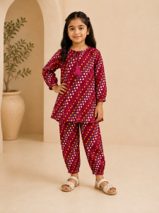 Maroon Polka Dot Lawn Frock Suit for Girls